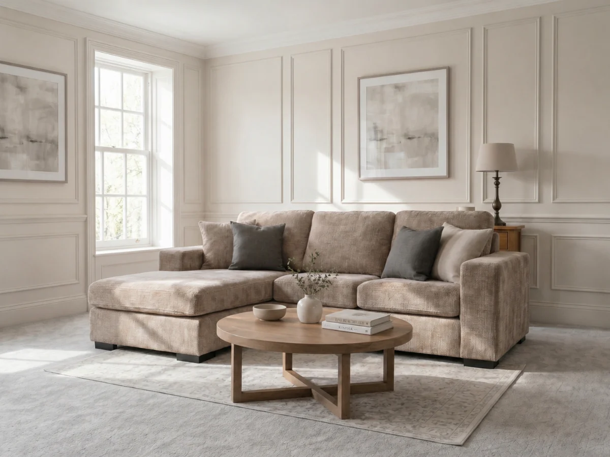 Chestnut Chaise Sofa Beige Enzo Fabric - Image 5