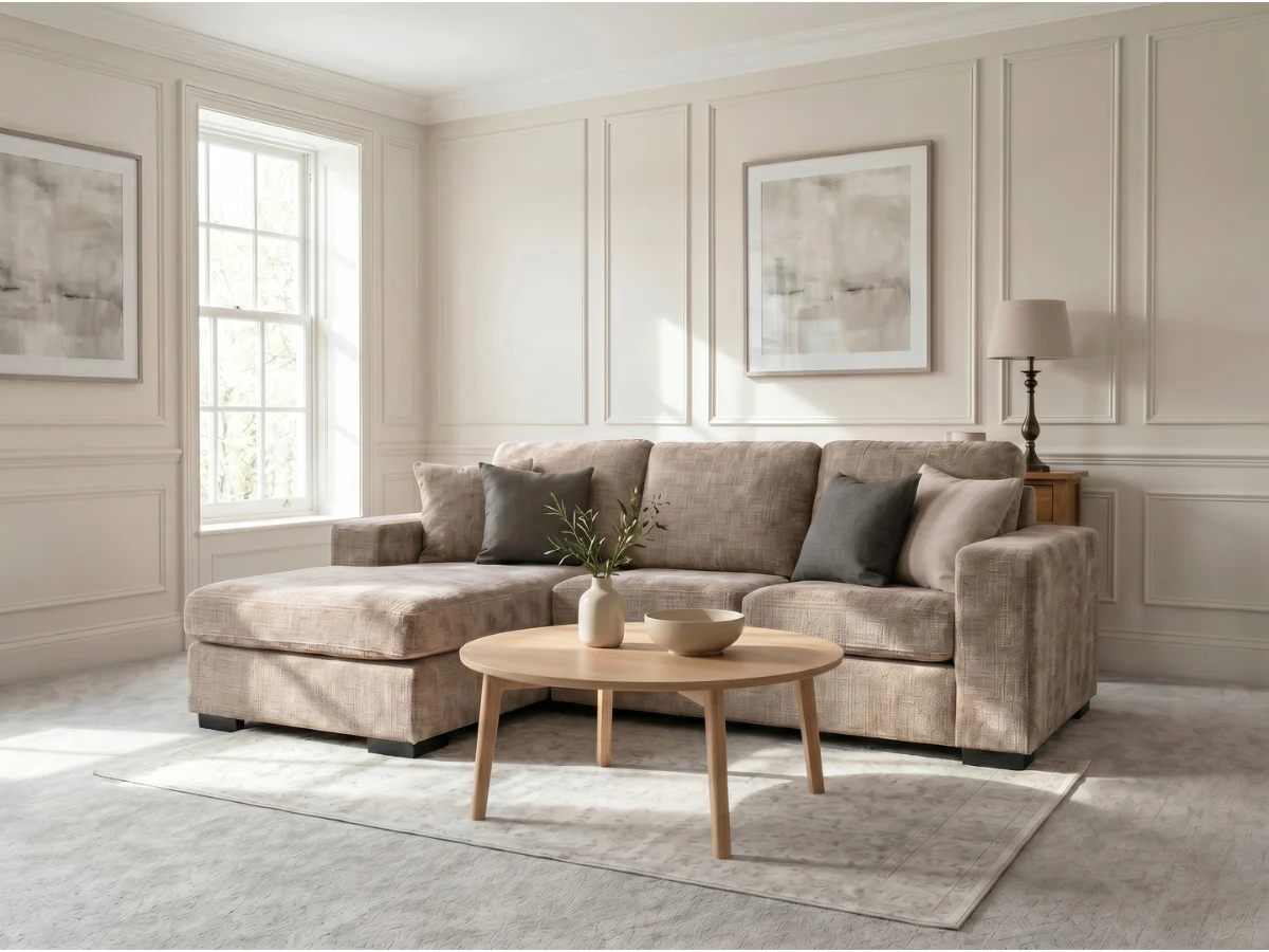 Chestnut Chaise Sofa Beige Enzo Fabric - Image 6