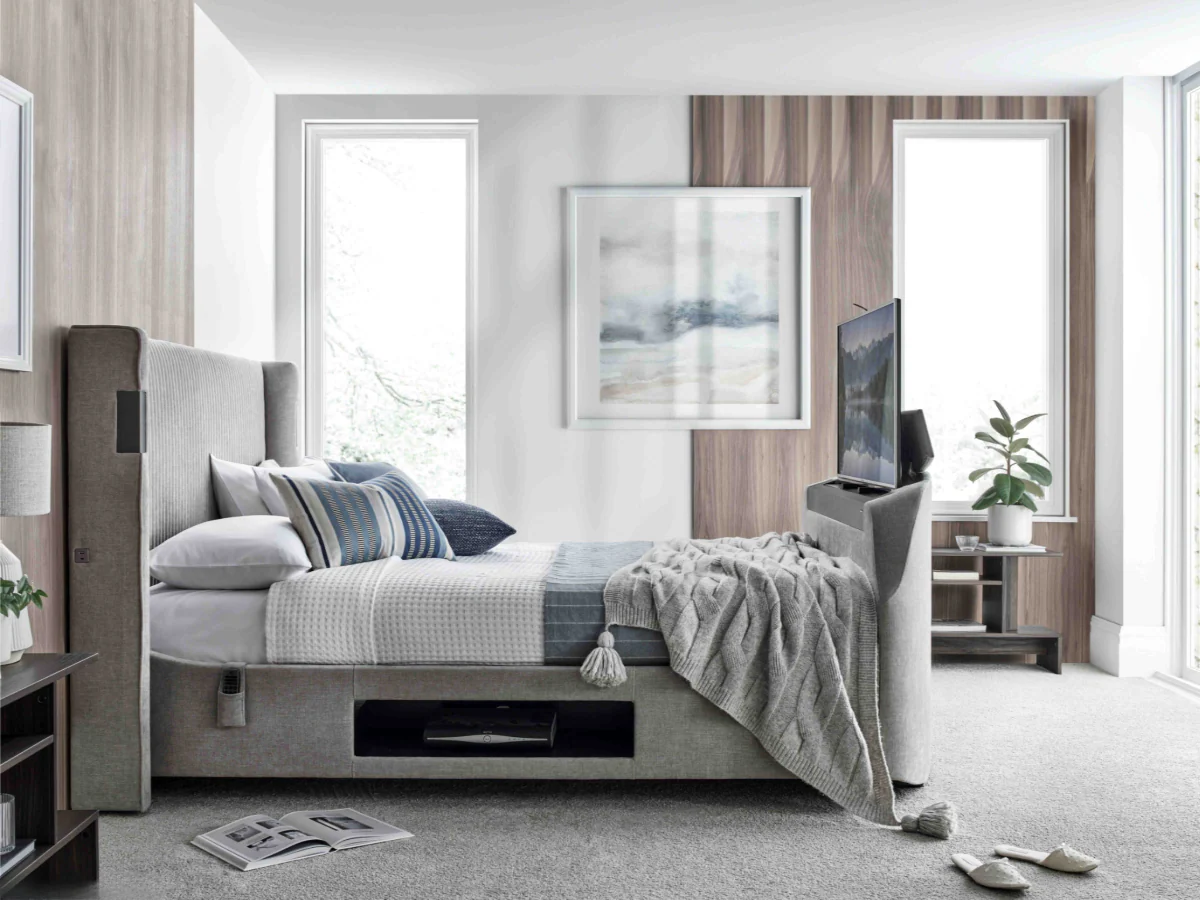 Darras TV Bed Frame with Dolby Atmos System Grey Fabric