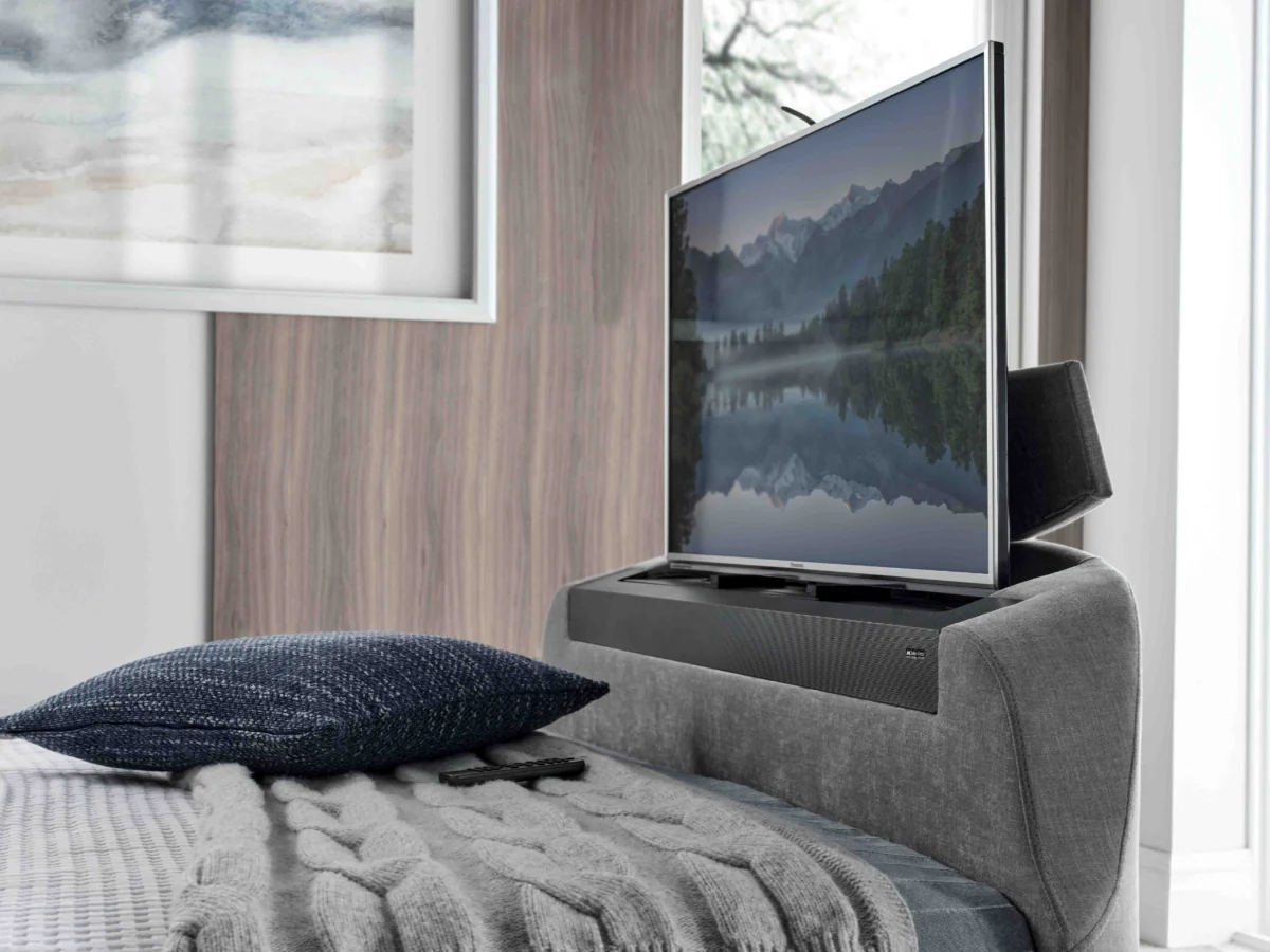 Darras TV Bed Frame with Dolby Atmos System Grey Fabric - Image 3