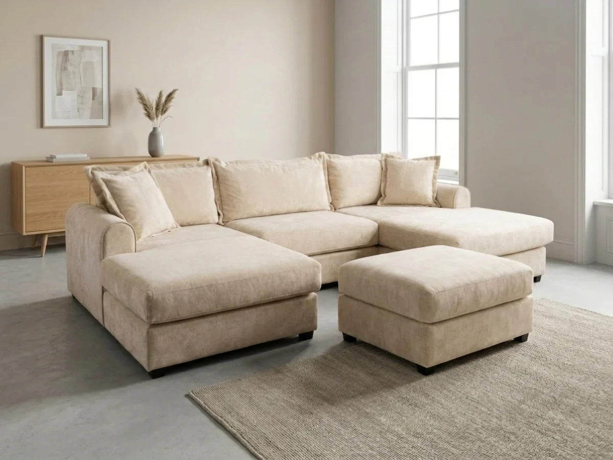 Elise Cream U Shaped Sofa with Storage Footstool Dapple Fabric