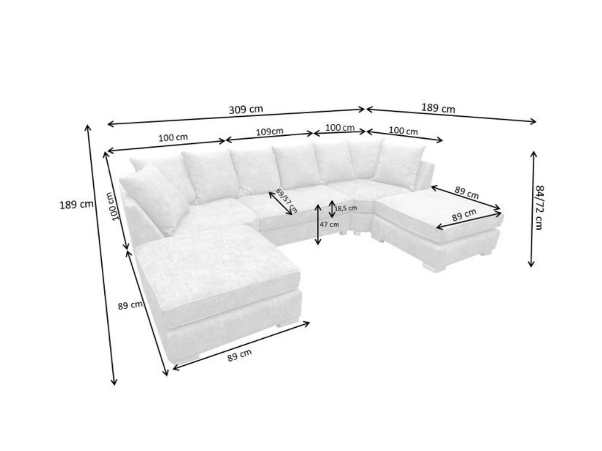 London U Shape Corner Sofa Soft Chenille Silver - Image 3