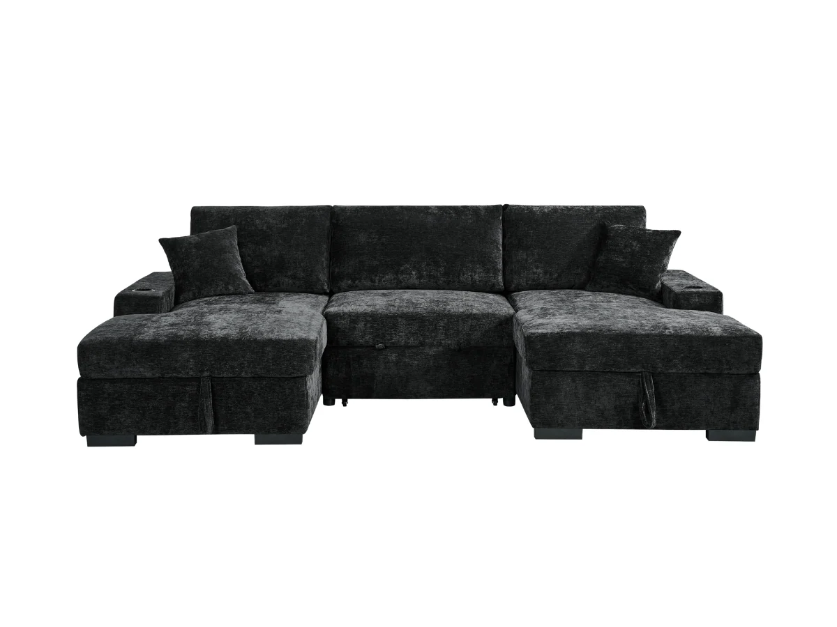 Noma U Shape Sofa Bed with Storage Black Chenille - Image 3