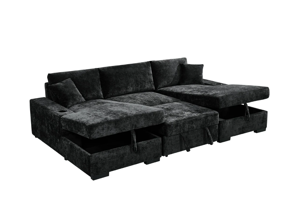 Noma U Shape Sofa Bed with Storage Black Chenille - Image 4