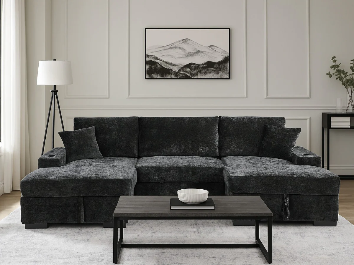 Noma U Shape Sofa Bed with Storage Black Chenille - Image 5