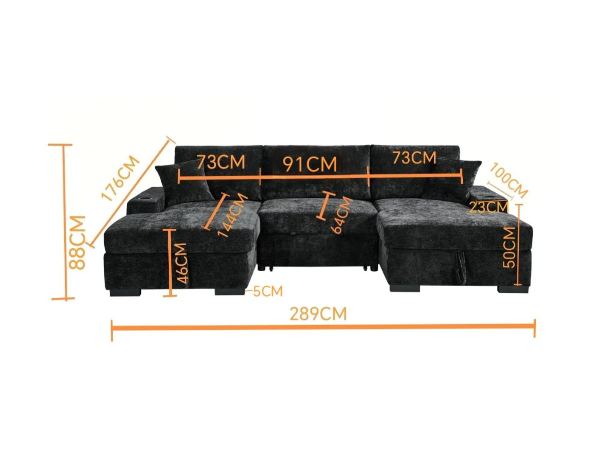 Noma U Shape Sofa Bed with Storage Black Chenille - Image 6