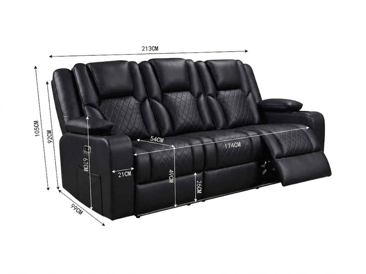 Orlando 3 Seater Black Electric Recliner Sofa - Image 3