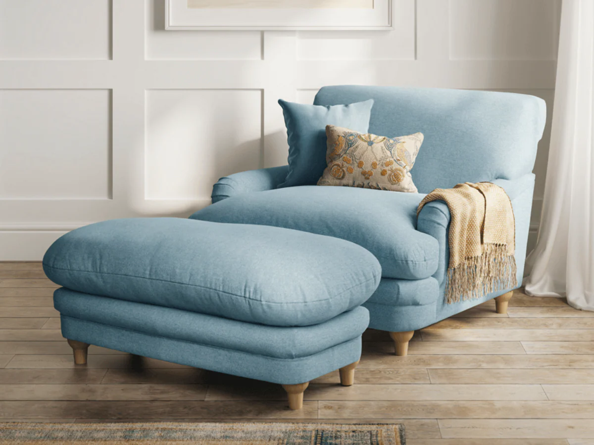 Plumpton Blue Footstool in Denim Blue and Duck Egg Chenille - Image 3