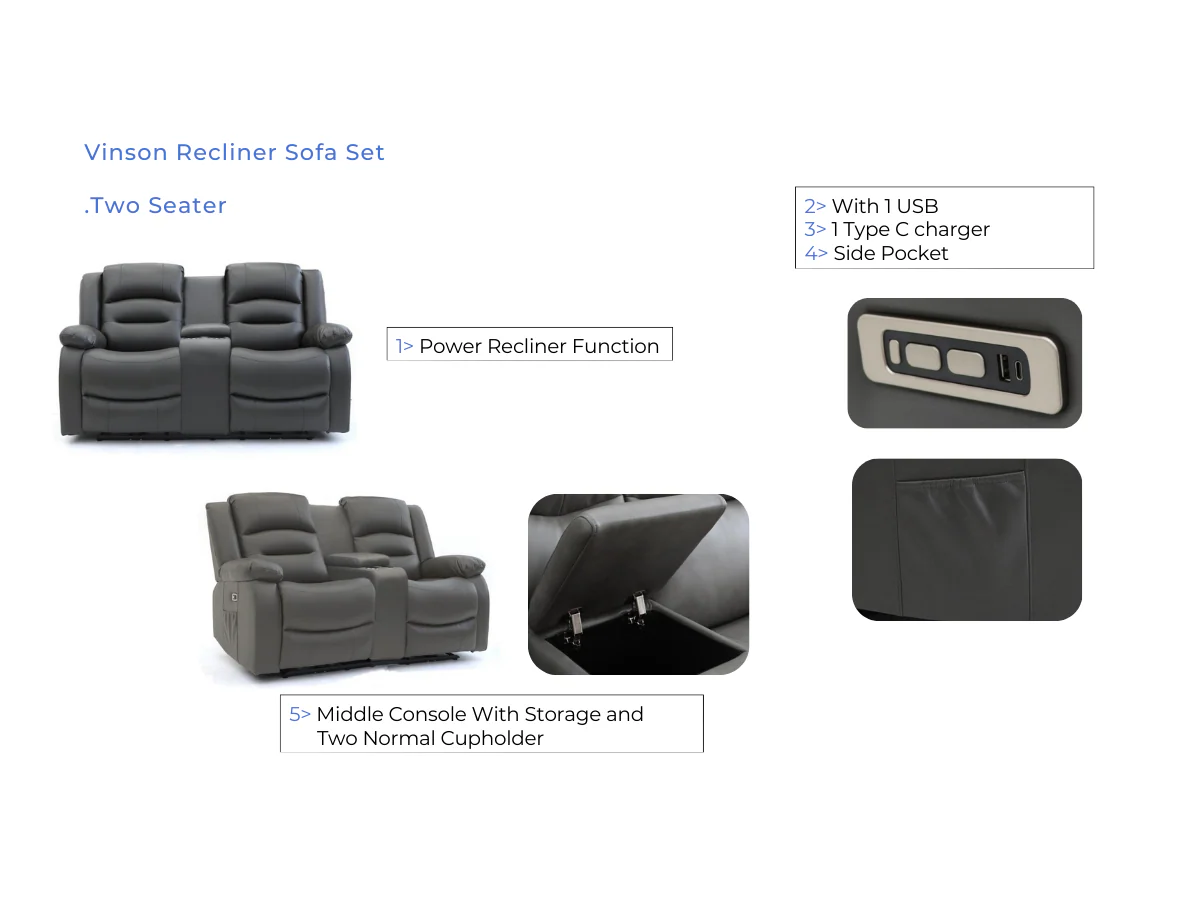 Vinson 3+2 Electric Recliner Sofa Set Black Aire Leather - Image 8