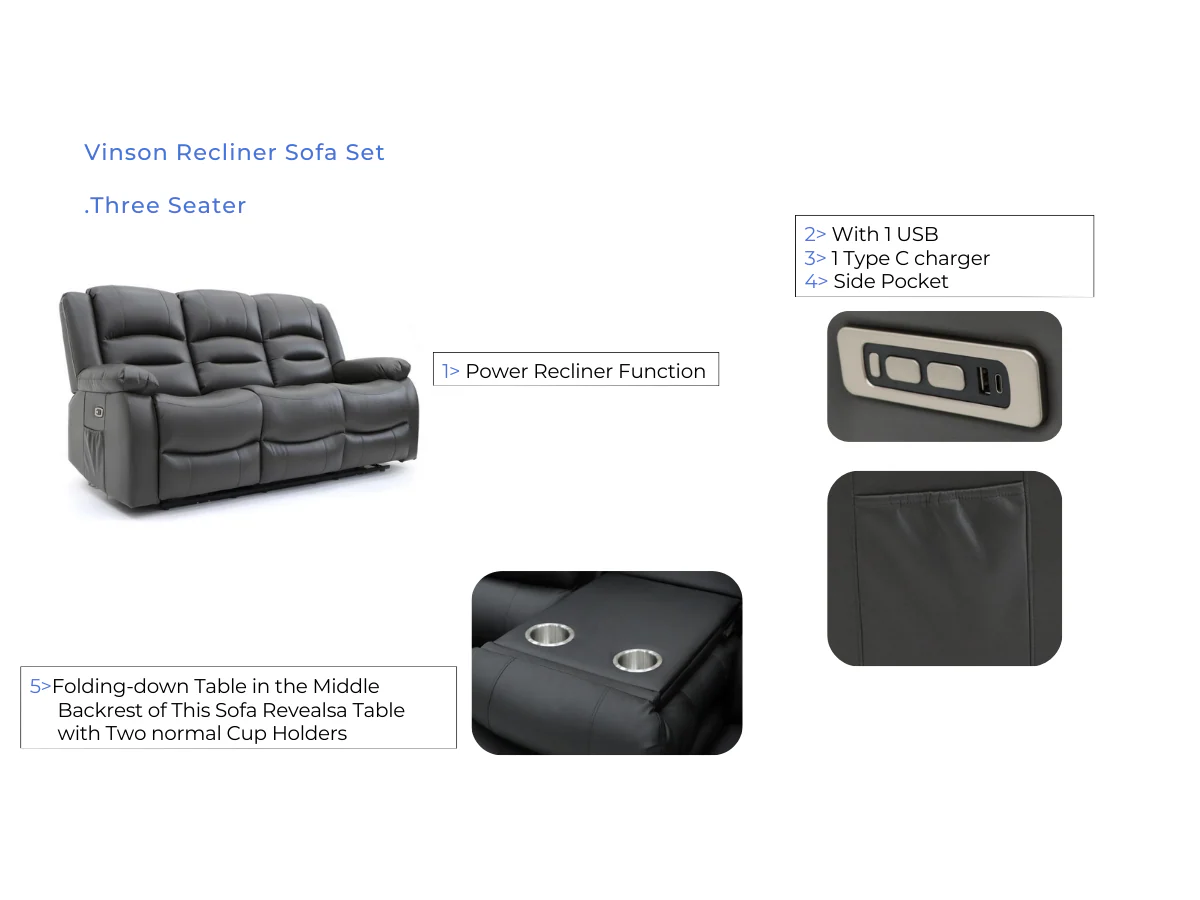 Vinson 3 Seater Electric Recliner Sofa Black Aire Leather - Image 5