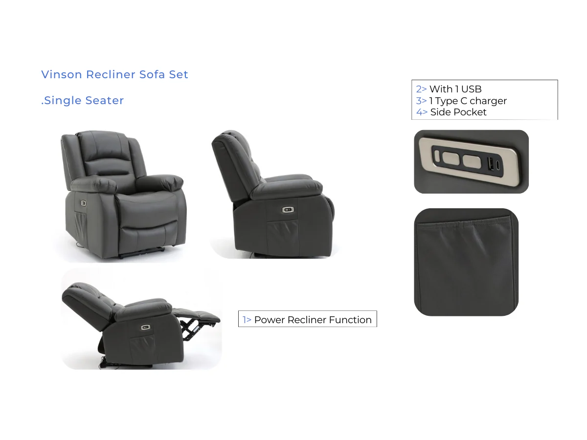 Vinson Electric Recliner Armchair Black Aire Leather - Image 5